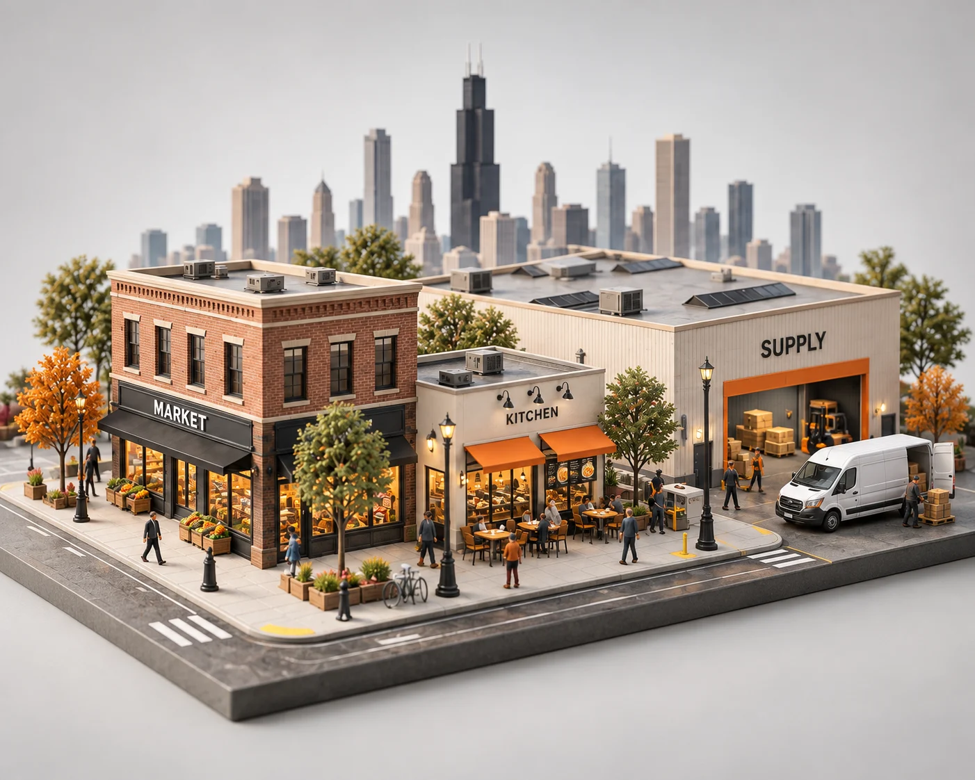 Illustration of neighborhood stores, a warehouse and delivery operations