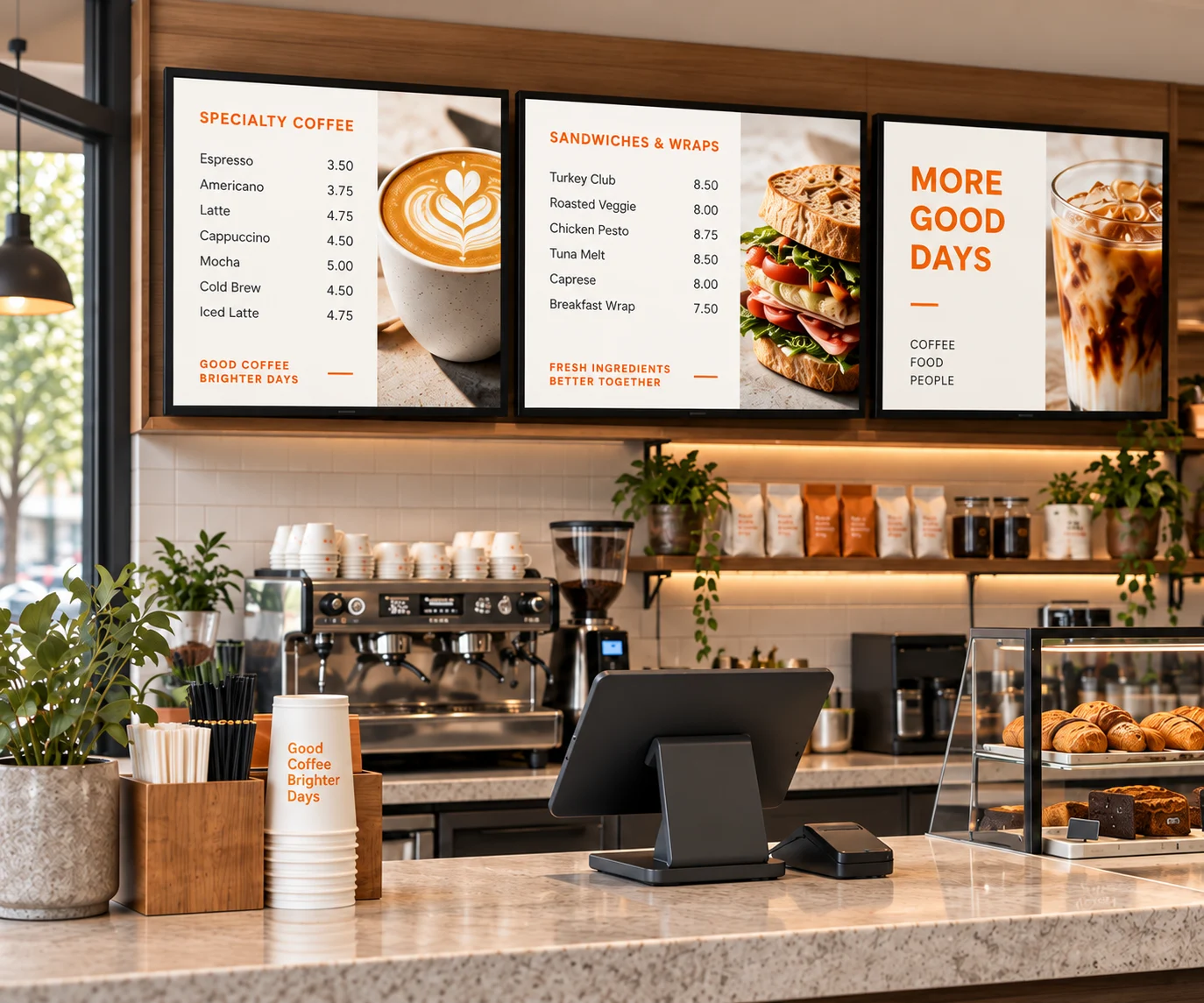 Illustration of digital menus in a neighborhood café