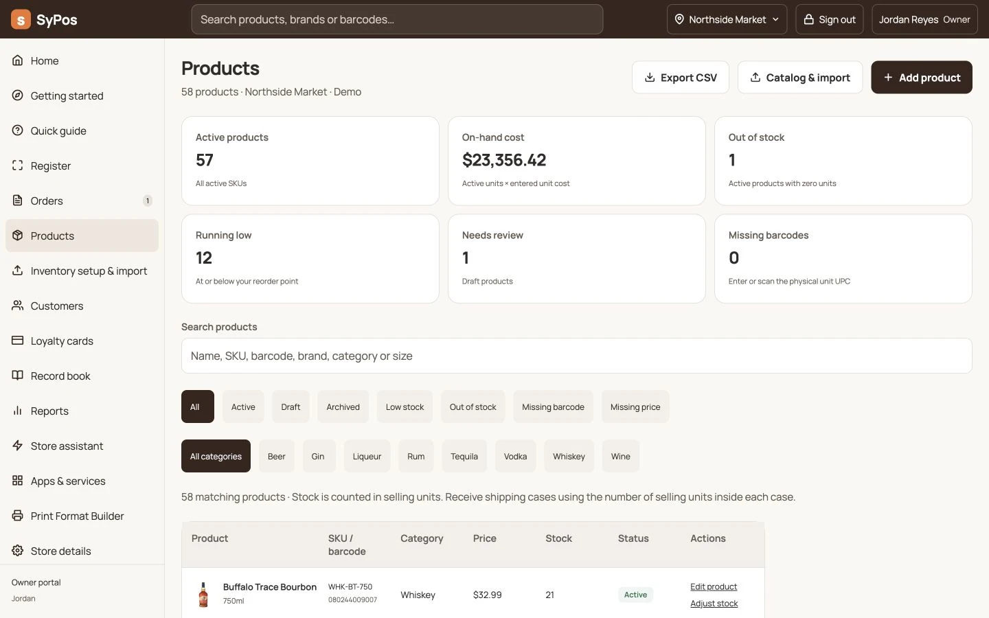 Actual Syp OS inventory screen with example store data